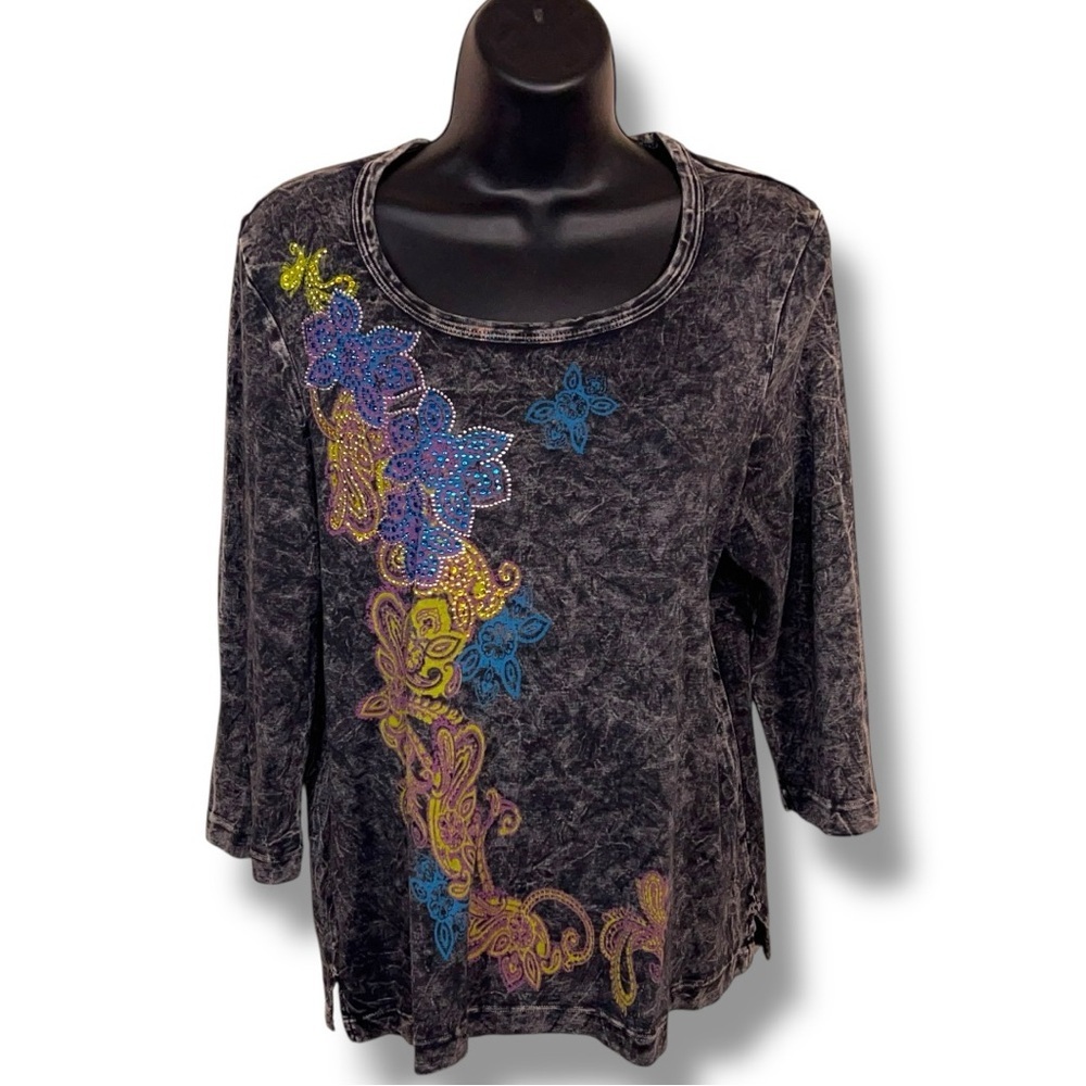 Petite Large Westbound Grey Black Floral Boho Top Mandala Blue Yellow Cotton